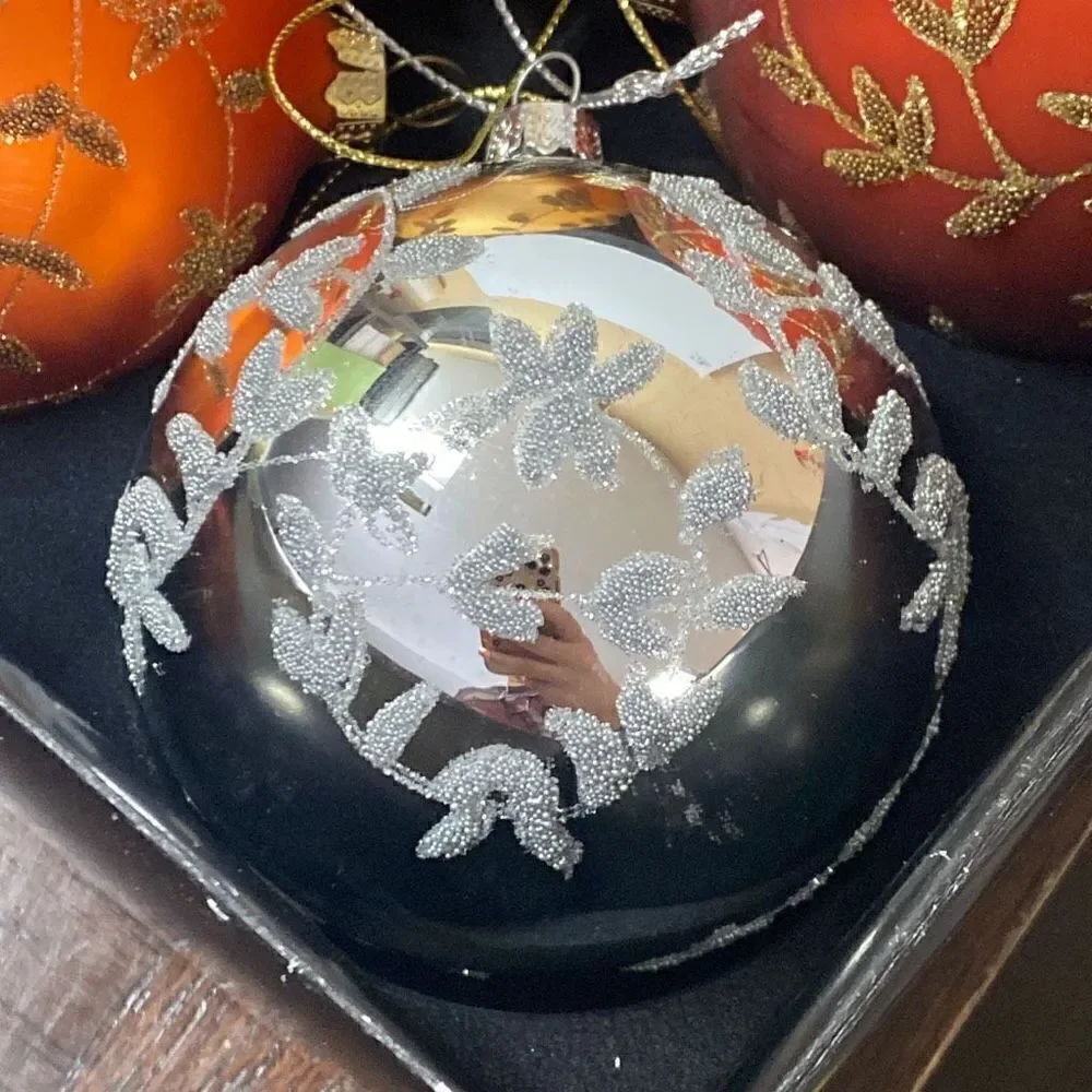 Set of 4 Glitter and Bead Glass Ball Christmas Ornaments